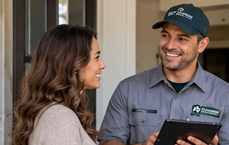 Photorealistic illustrative scene: a resident and an inspector discussing pest concerns at a house entrance