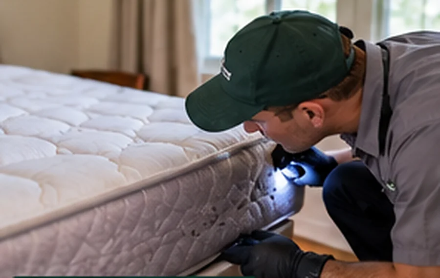 Photorealistic illustrative scene: a technician examining household bedding for signs of small insects