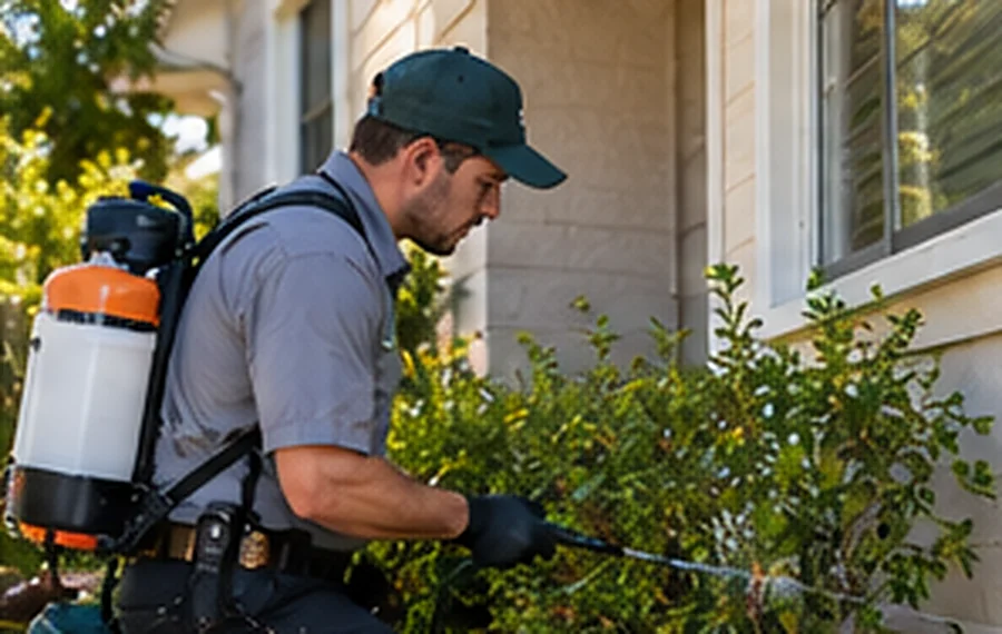 Photorealistic illustrative scene: a worker inspecting exterior landscaping as part of pest management