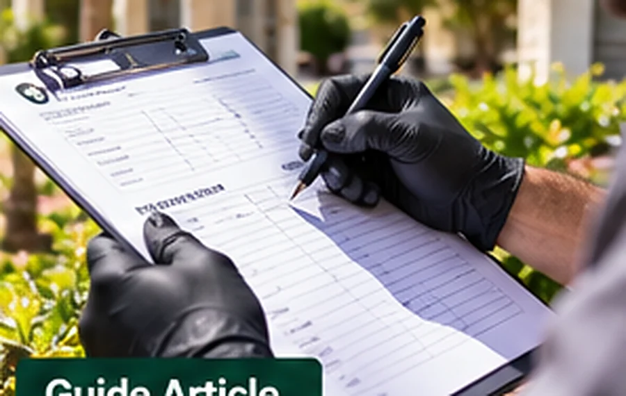 Photorealistic illustrative scene: a gloved inspector reviewing a property inspection checklist outdoors