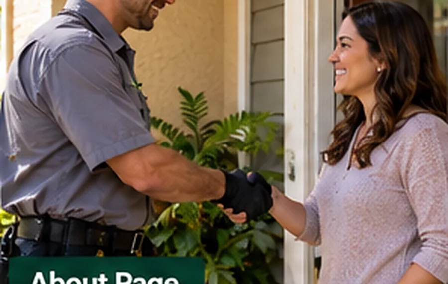Photorealistic illustrative scene: a property representative discussing inspection needs with a visitor