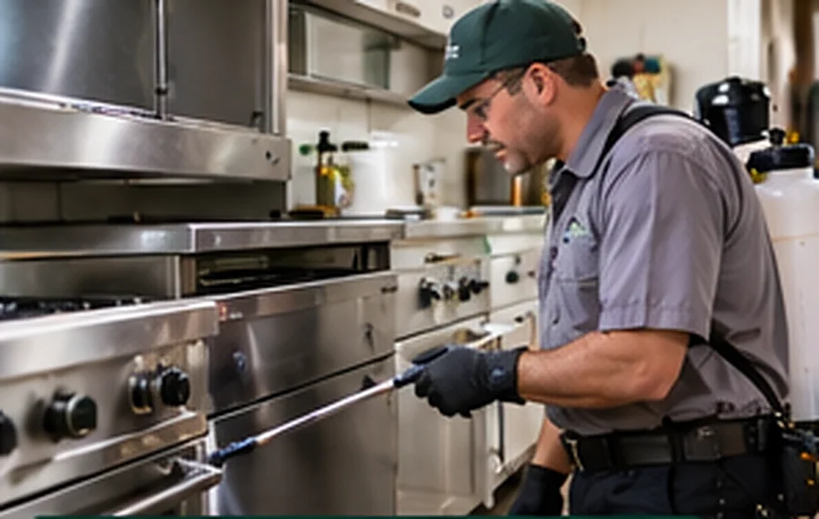 Photorealistic illustrative scene: a technician reviewing a commercial kitchen pest inspection area