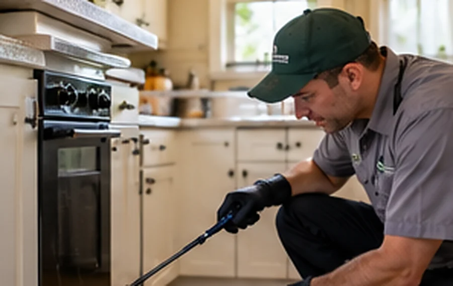 Photorealistic illustrative scene: a worker inspecting a kitchen cabinet area for possible pest entry points