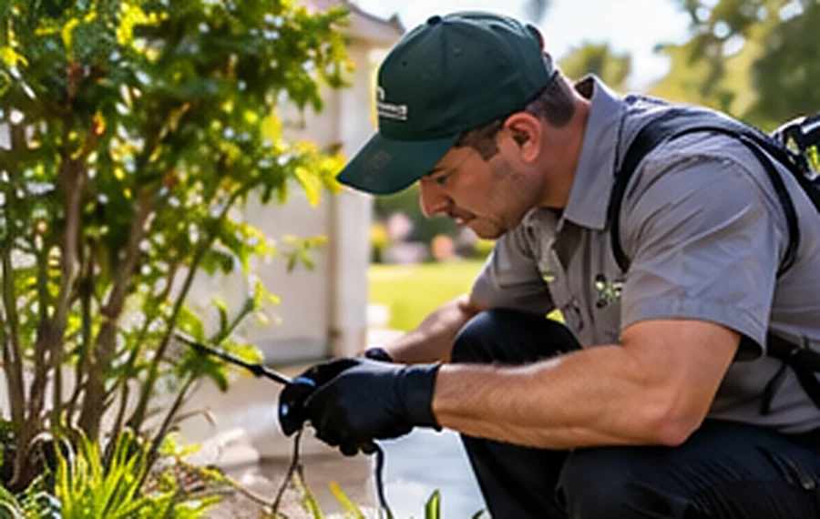 Photorealistic illustrative scene: a pest-management worker inspecting garden vegetation beside a home