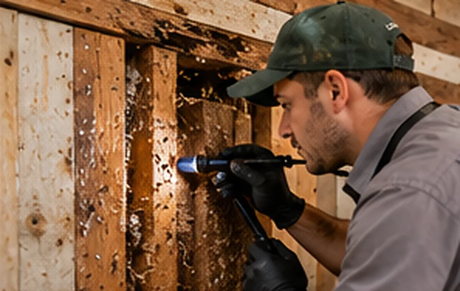 Photorealistic illustrative scene: an inspector checking damaged wood with a flashlight