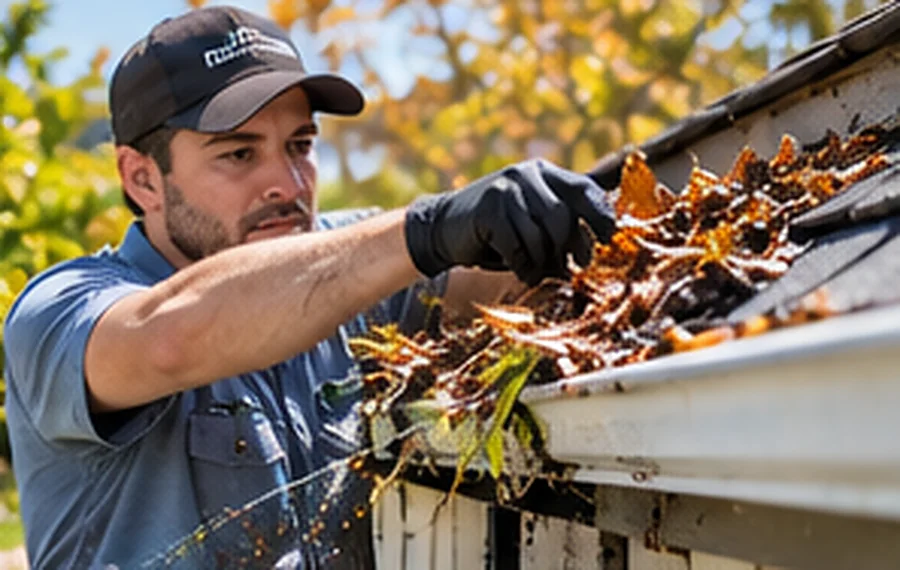 Photorealistic illustrative scene: a worker checking roof gutters for potential pest harborage
