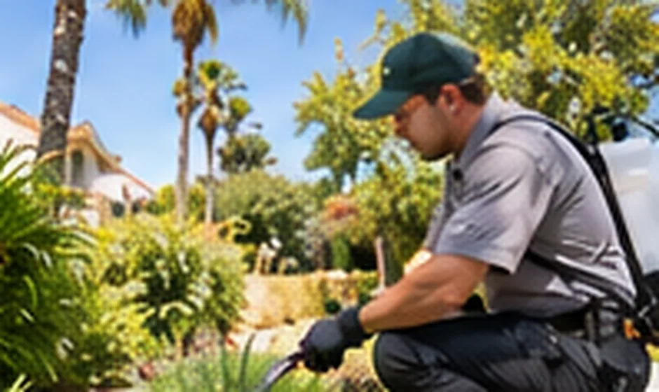 Person inspecting outdoor landscaping near the roofline and gutter of a house