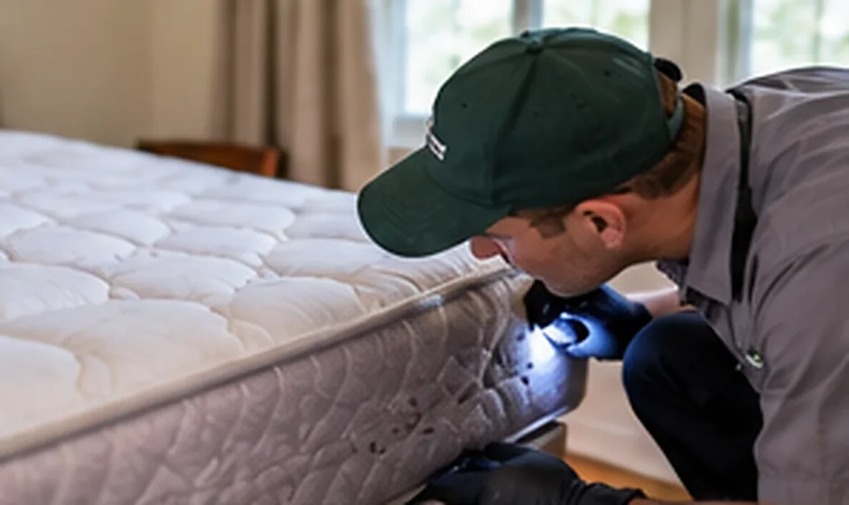 Person using a flashlight to inspect the seams of a mattress for possible bed bug signs
