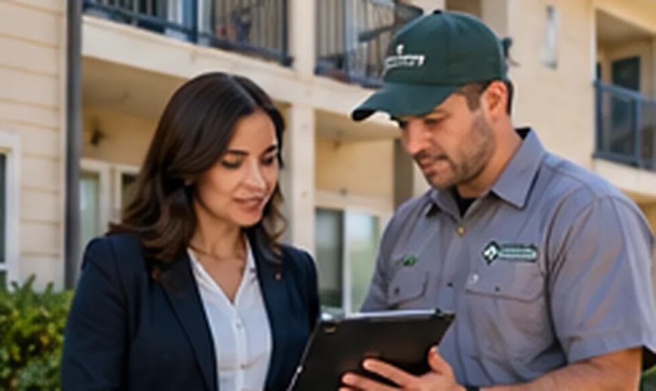 Resident and pest-service representative discussing inspection concerns outside an apartment building