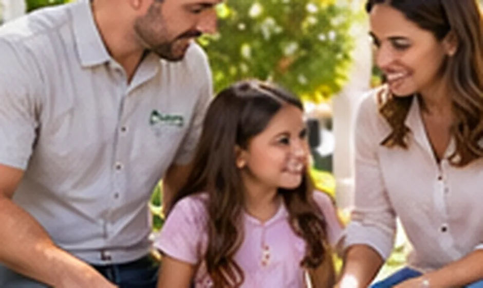 Family speaking with a home-care professional near a residential front entrance