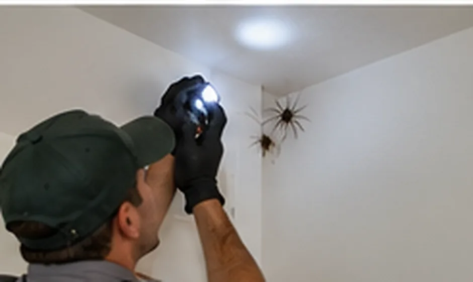 Technician using a flashlight to inspect a dim ceiling and attic corner