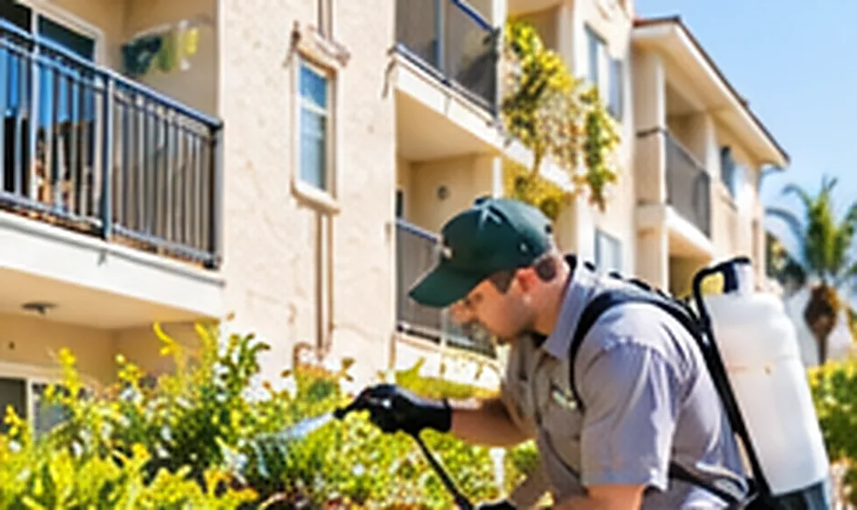 Person inspecting landscaped areas outside a residential building for possible pest entry points
