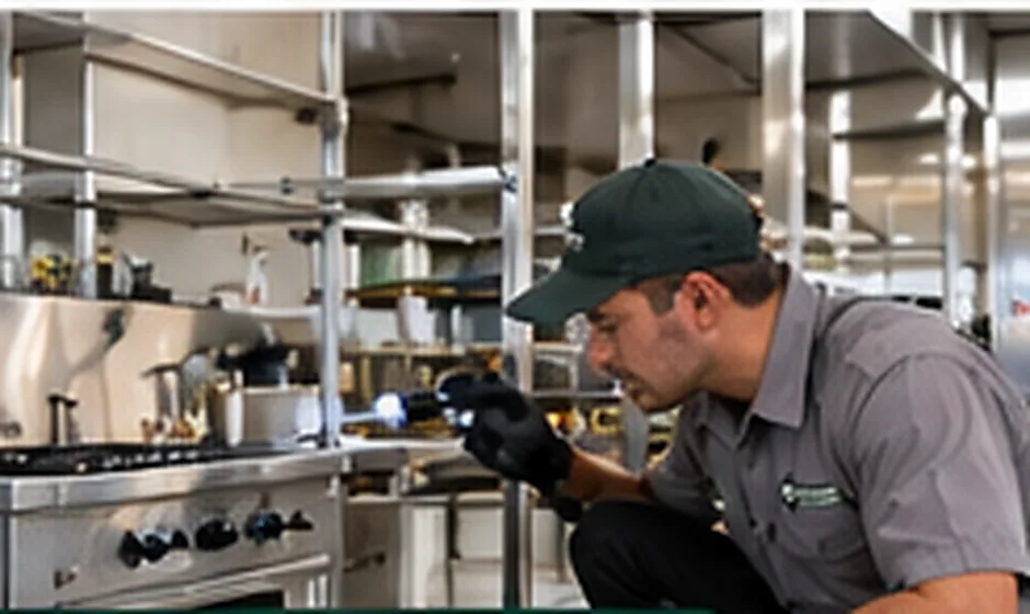 Pest inspection worker looking beneath equipment in a commercial kitchen