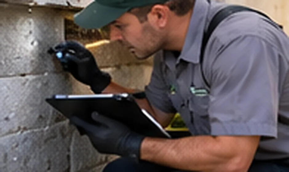 Person examining a house foundation and wall for possible pest entry points