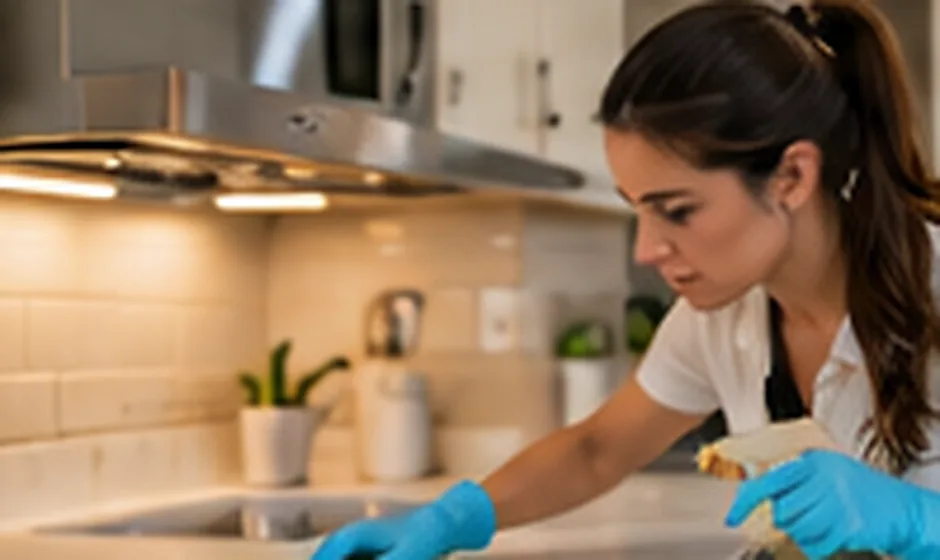 Woman wiping a kitchen counter while checking where household pests may enter