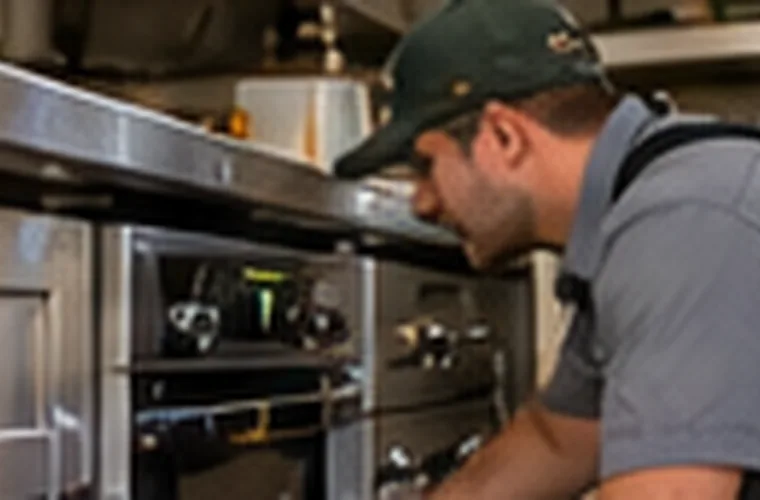 Person examining a commercial kitchen appliance for pests