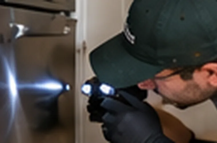Person checking a cabinet and cooking area for pest activity