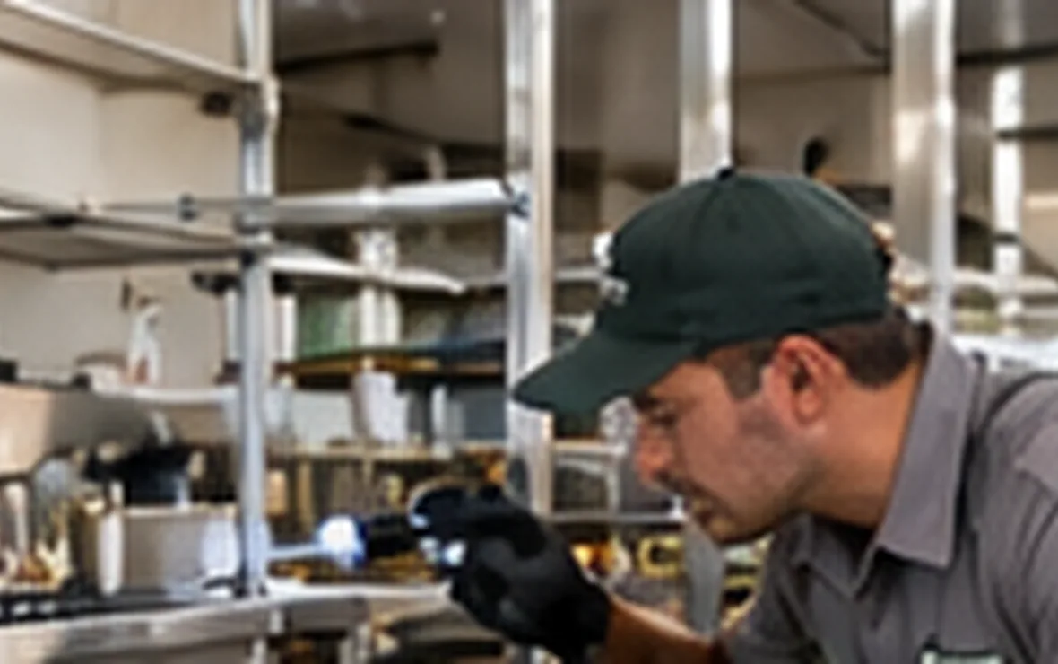 Person checking a commercial kitchen for signs of insects