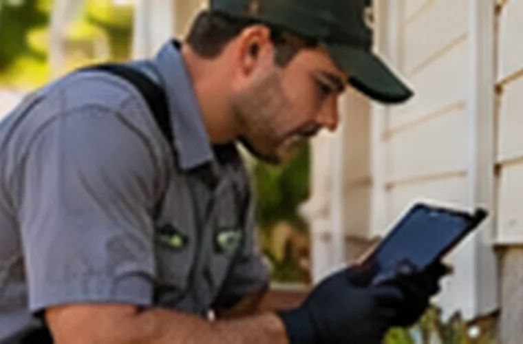 Person examining an exterior wall and looking for signs of insects