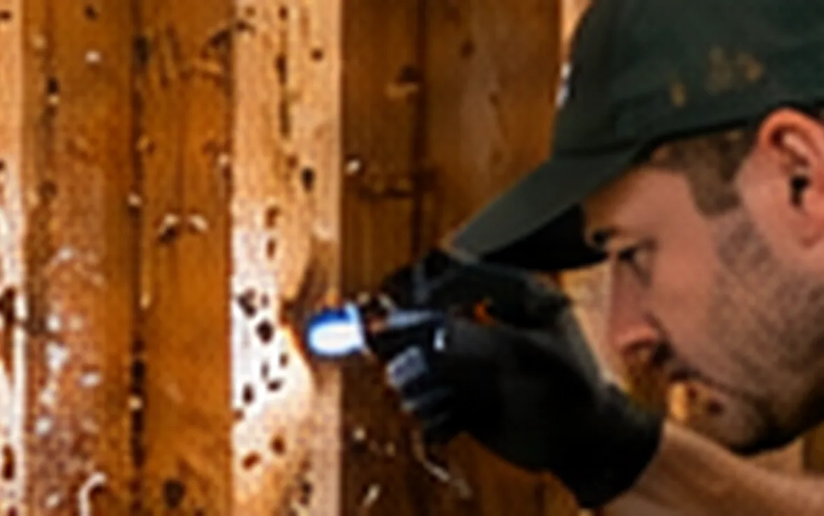 Person inspecting damaged wood inside a building