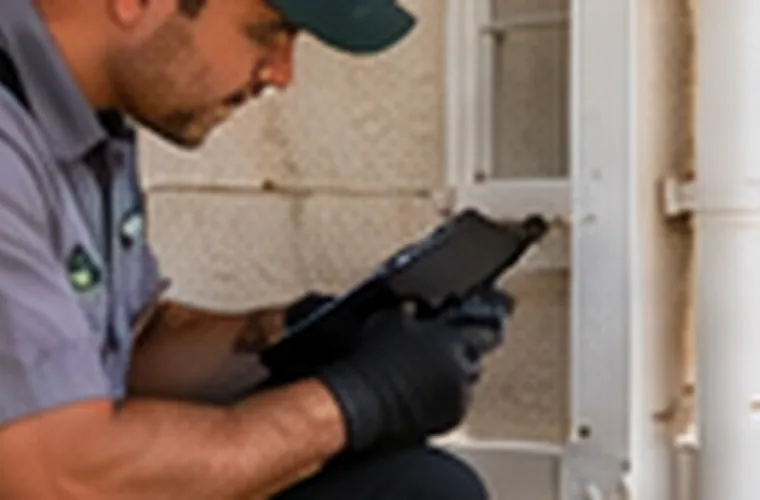 Person inspecting a house foundation and exterior for possible pest entry