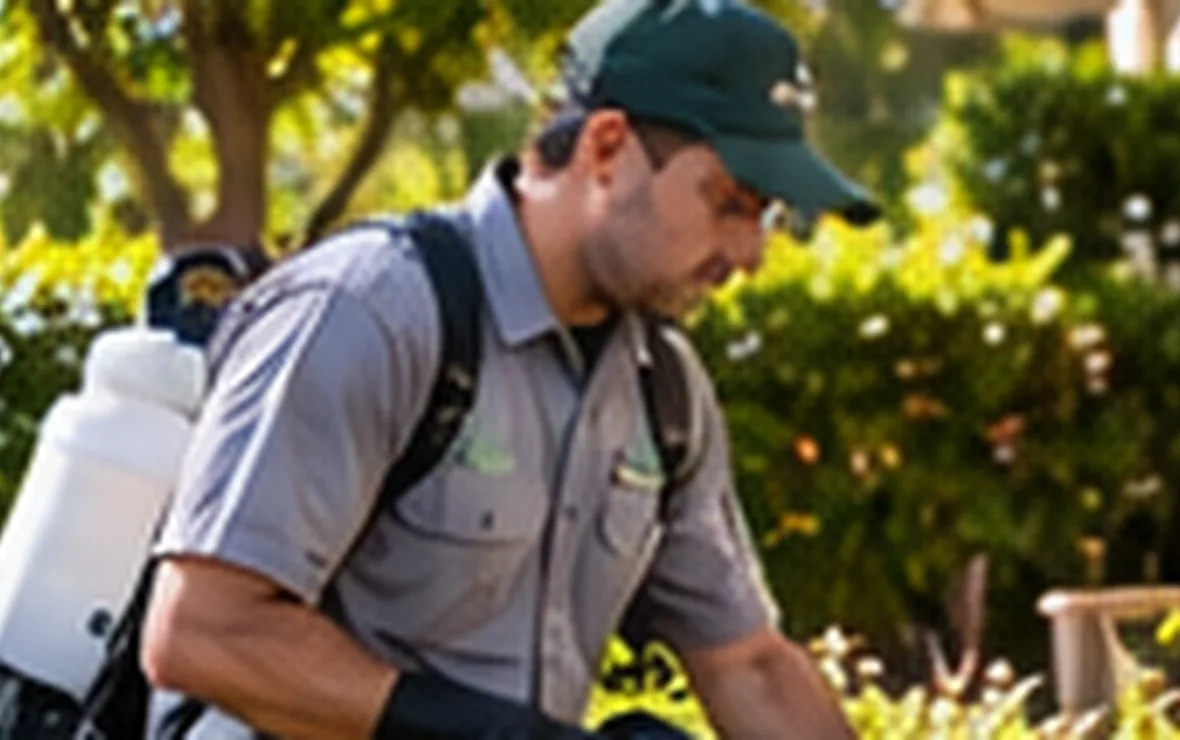 Person checking outdoor vegetation and a yard for pest activity