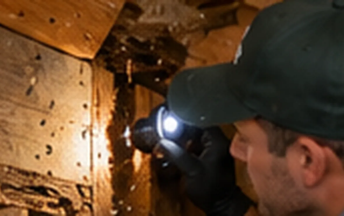 Person examining timber in an attic for potential pest damage