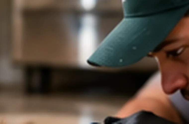 Person examining the floor at the base of a kitchen cabinet