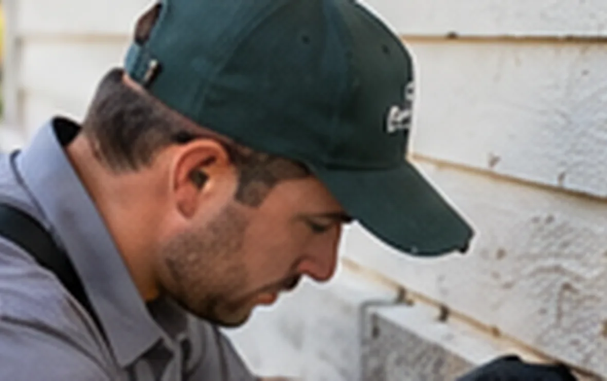 Person inspecting a vent and wall opening for pest entry