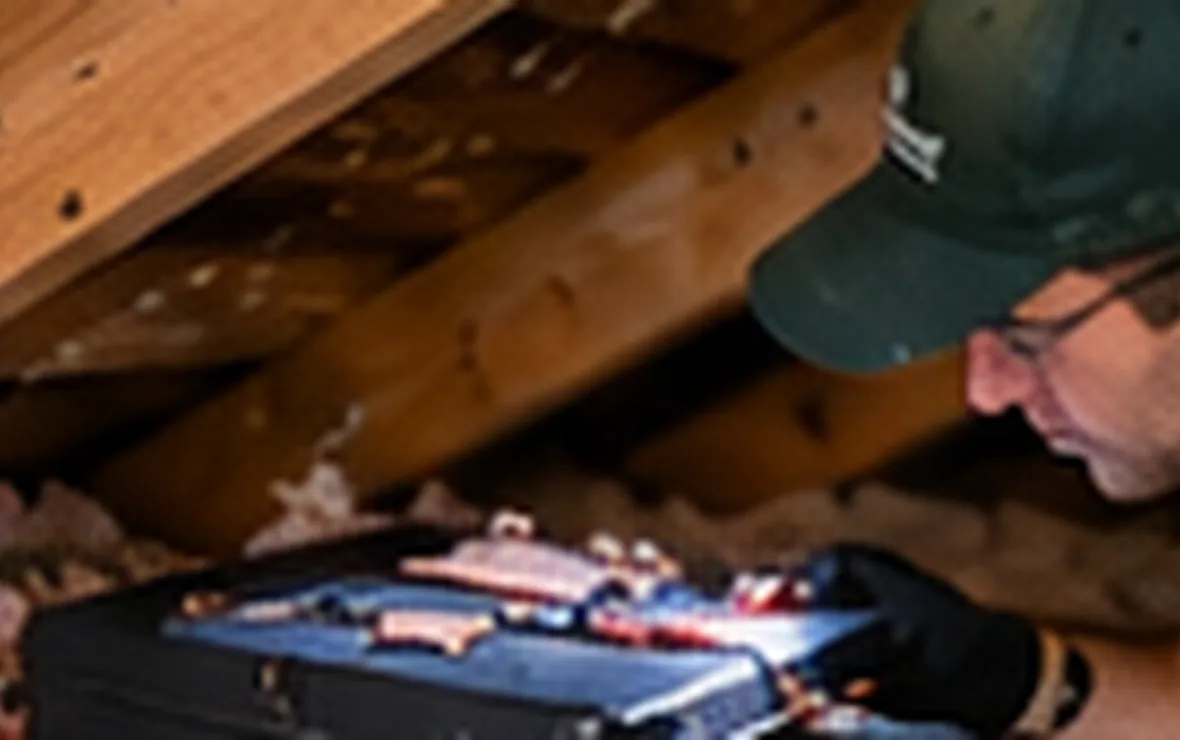 Person checking a rodent monitoring device in attic insulation