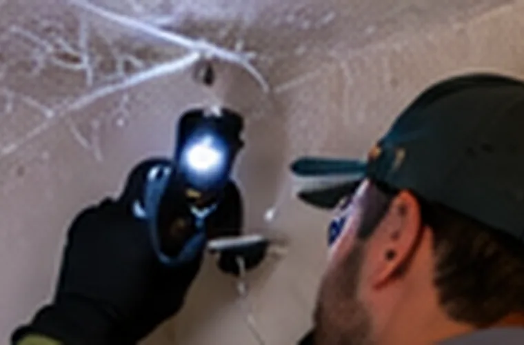 Person using a flashlight to inspect a ceiling corner for pests