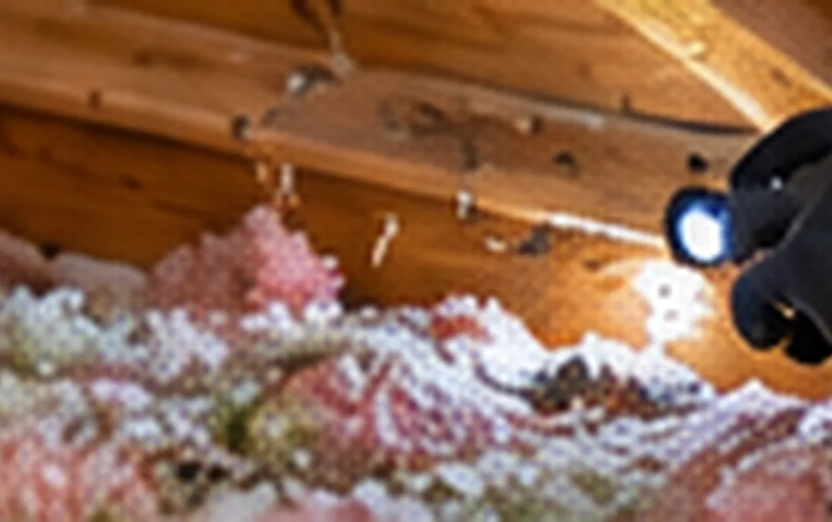 Person checking rafters inside an attic with a flashlight