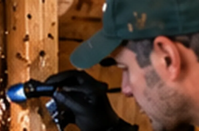 Person examining damaged wood with an inspection light