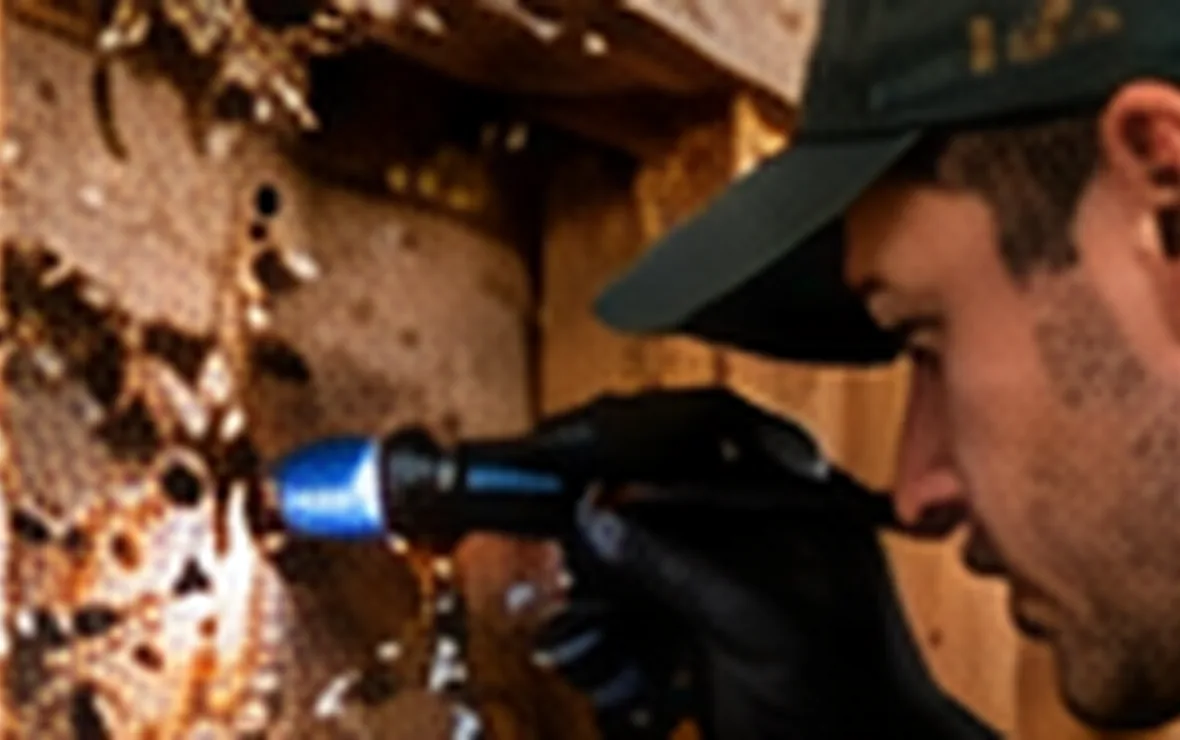 Person looking at damaged timber with an inspection flashlight