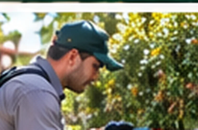 Person examining outdoor landscaping for seasonal pest activity