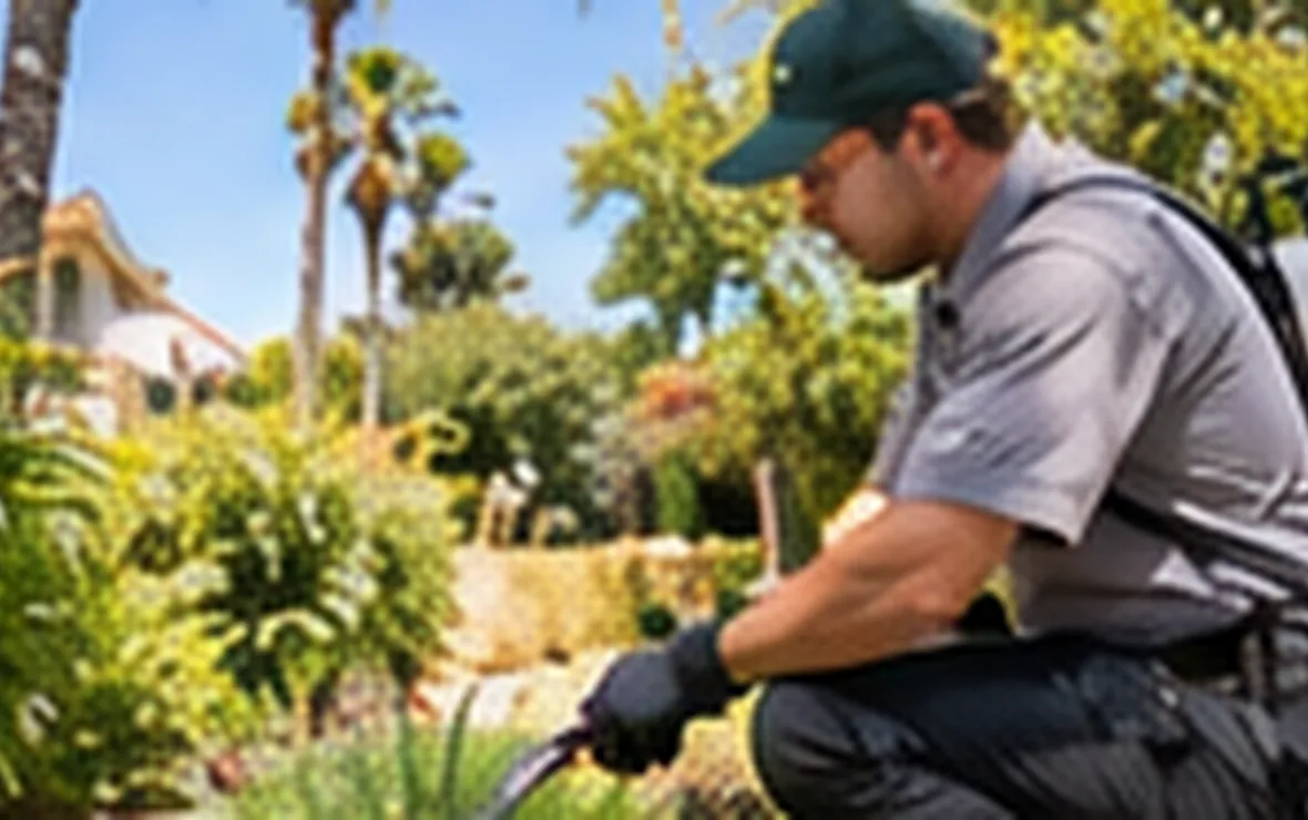 Person checking plants and garden features for seasonal pests