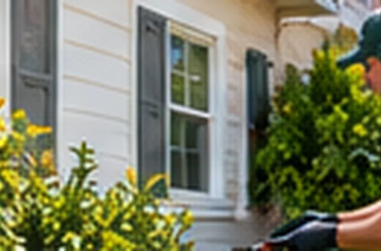 Person checking garden plants and entry points near a house