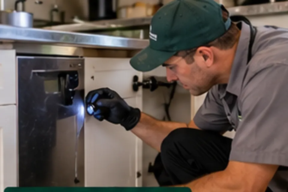 Worker using a flashlight to inspect a kitchen appliance area; illustrative photo-style scene