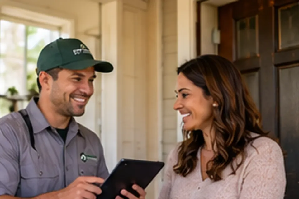 Homeowner speaking with a worker holding a tablet outside a home; illustrative photo-style scene