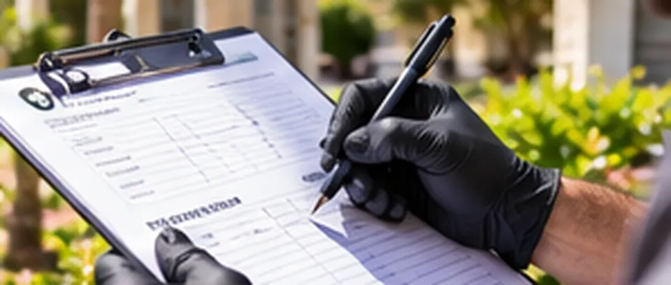 Gloved hands making notes on an inspection form outdoors; illustrative photo-style scene