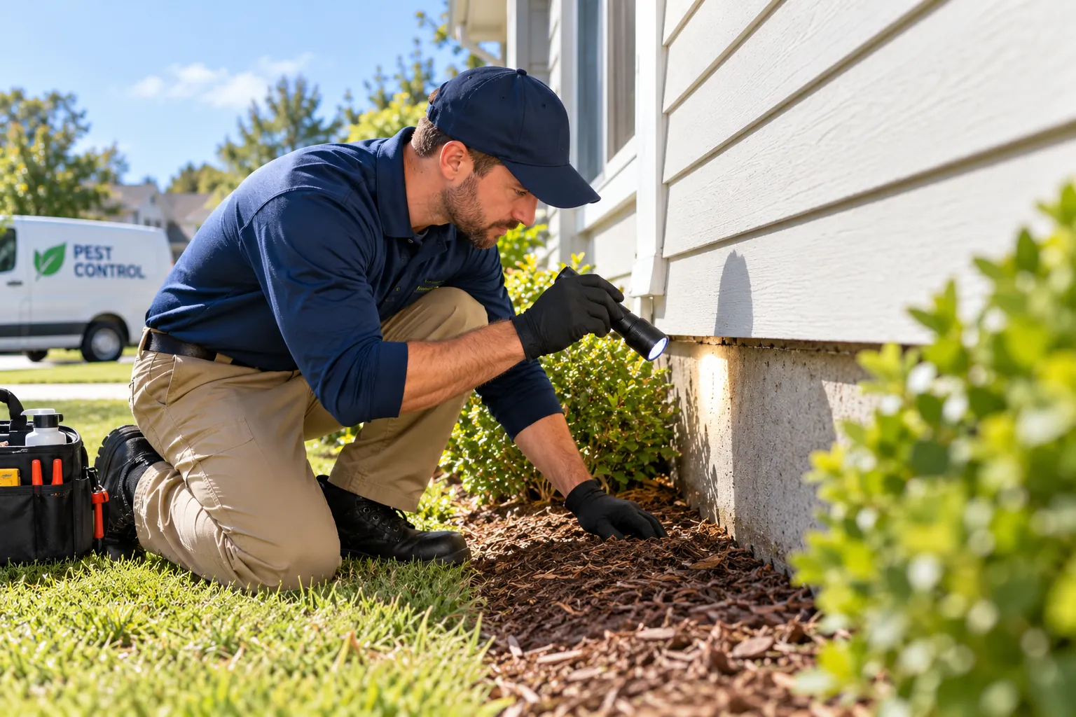 Illustrative scene of a worker checking the foundation of a house with a flashlight