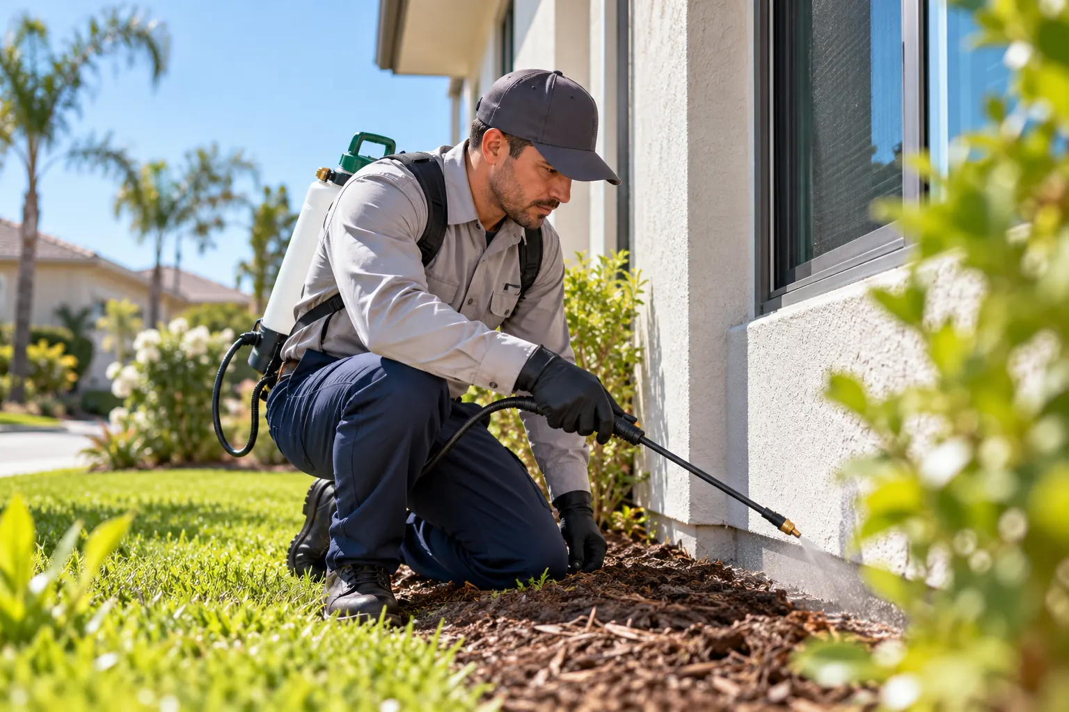 Illustrative scene of a worker treating the exterior foundation of a suburban home