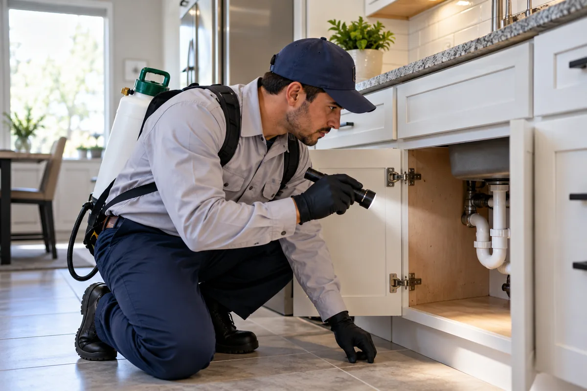 Worker inspecting under-sink cabinet in a residential kitchen; representative AI-generated scene