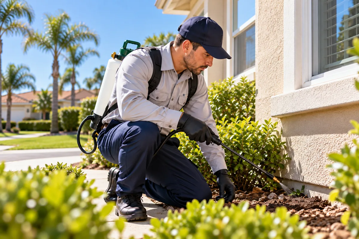 Pest-control worker inspecting exterior landscaping beside a house; representative AI-generated scene