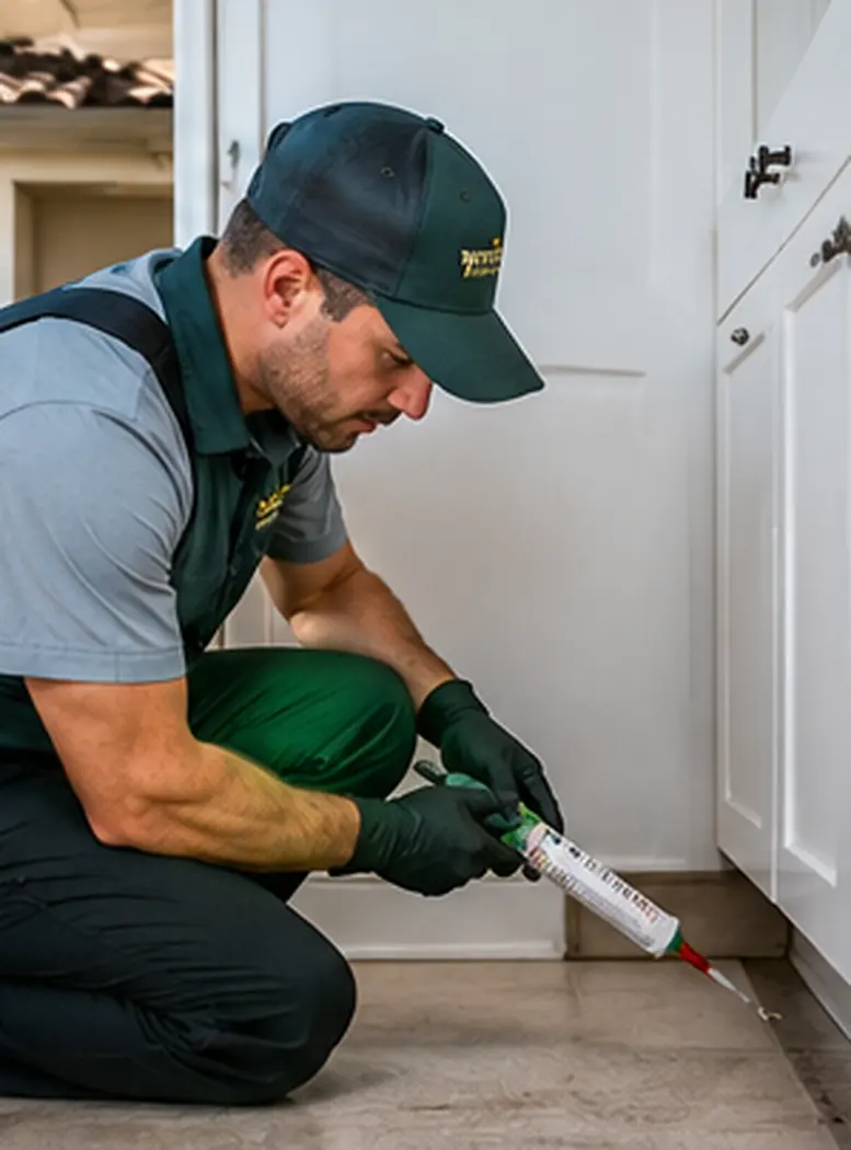 Illustrative photo-style scene of a person applying ant bait along an indoor wall edge