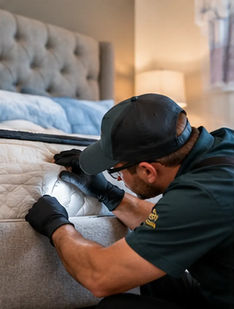 Illustrative photo-style scene of a person inspecting a mattress seam for bed bug evidence