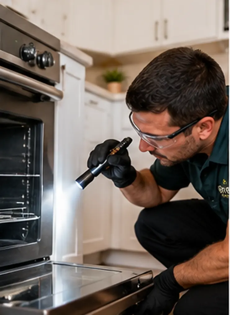 Illustrative photo-style scene of a person inspecting a kitchen appliance for cockroach activity