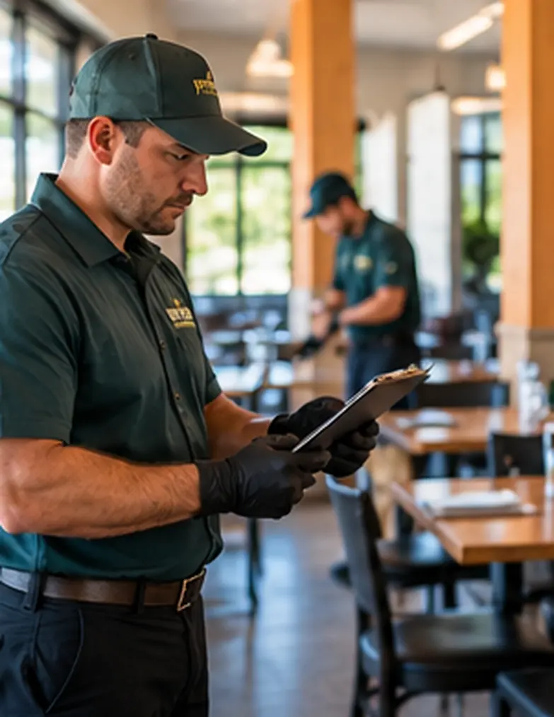 Illustrative photo-style scene of a person inspecting a commercial dining space