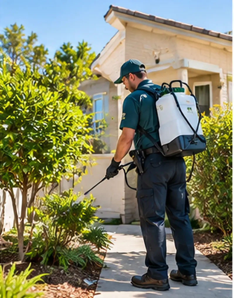 Illustrative photo-style scene of a person checking a residential property exterior