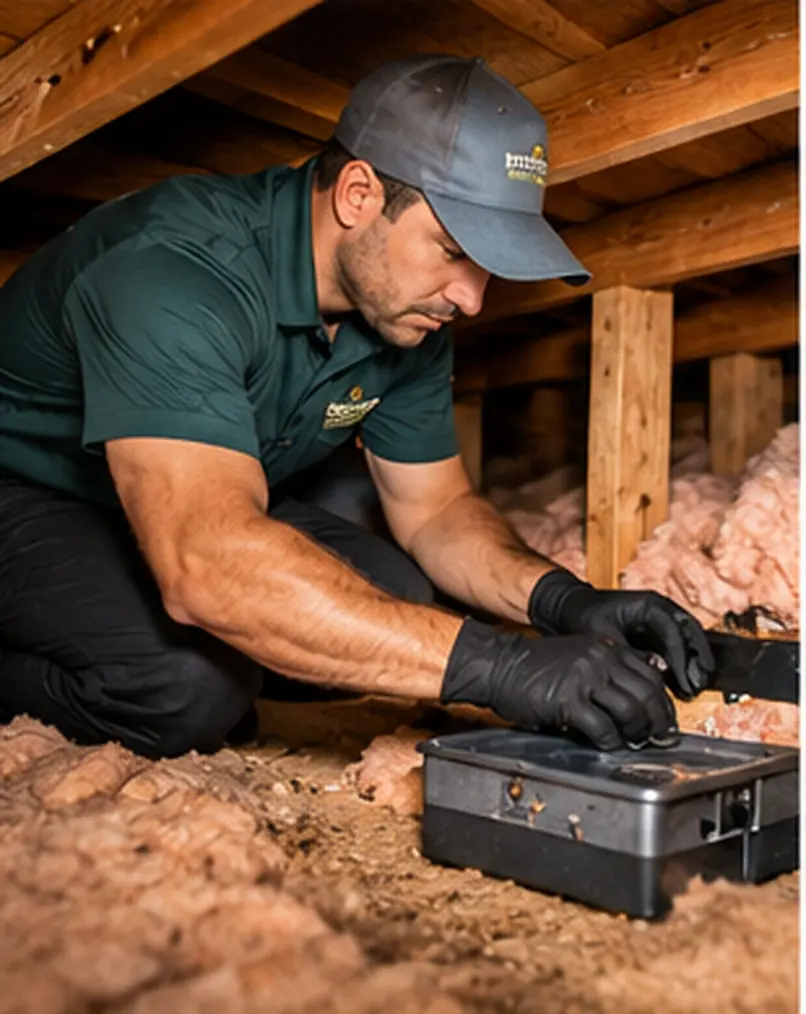 Illustrative photo-style scene of a person checking a rodent monitoring station in attic insulation